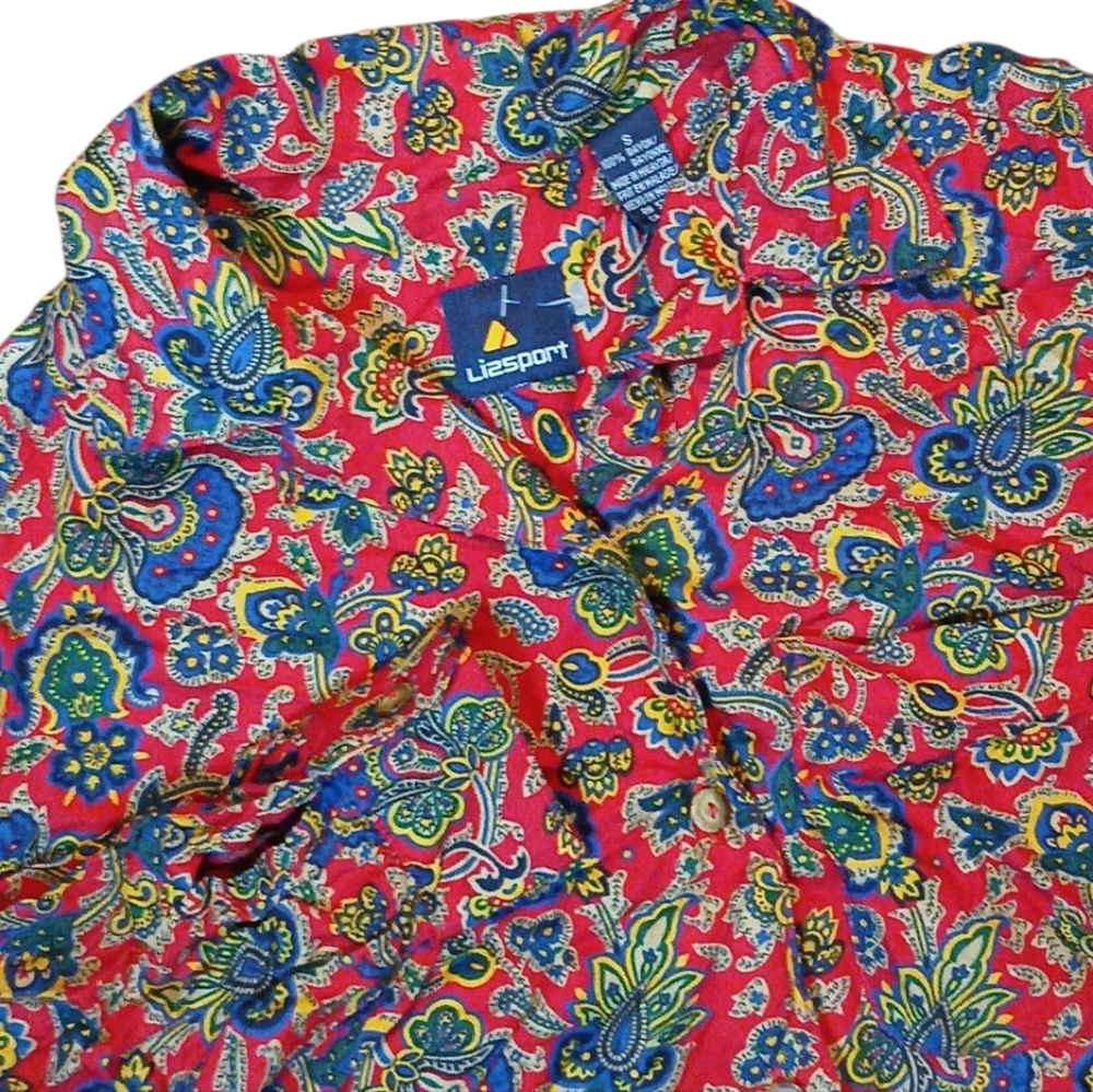 Vintage 90s Liz Sport Rayon Blouse: Red‎ Geometric Floral, Small